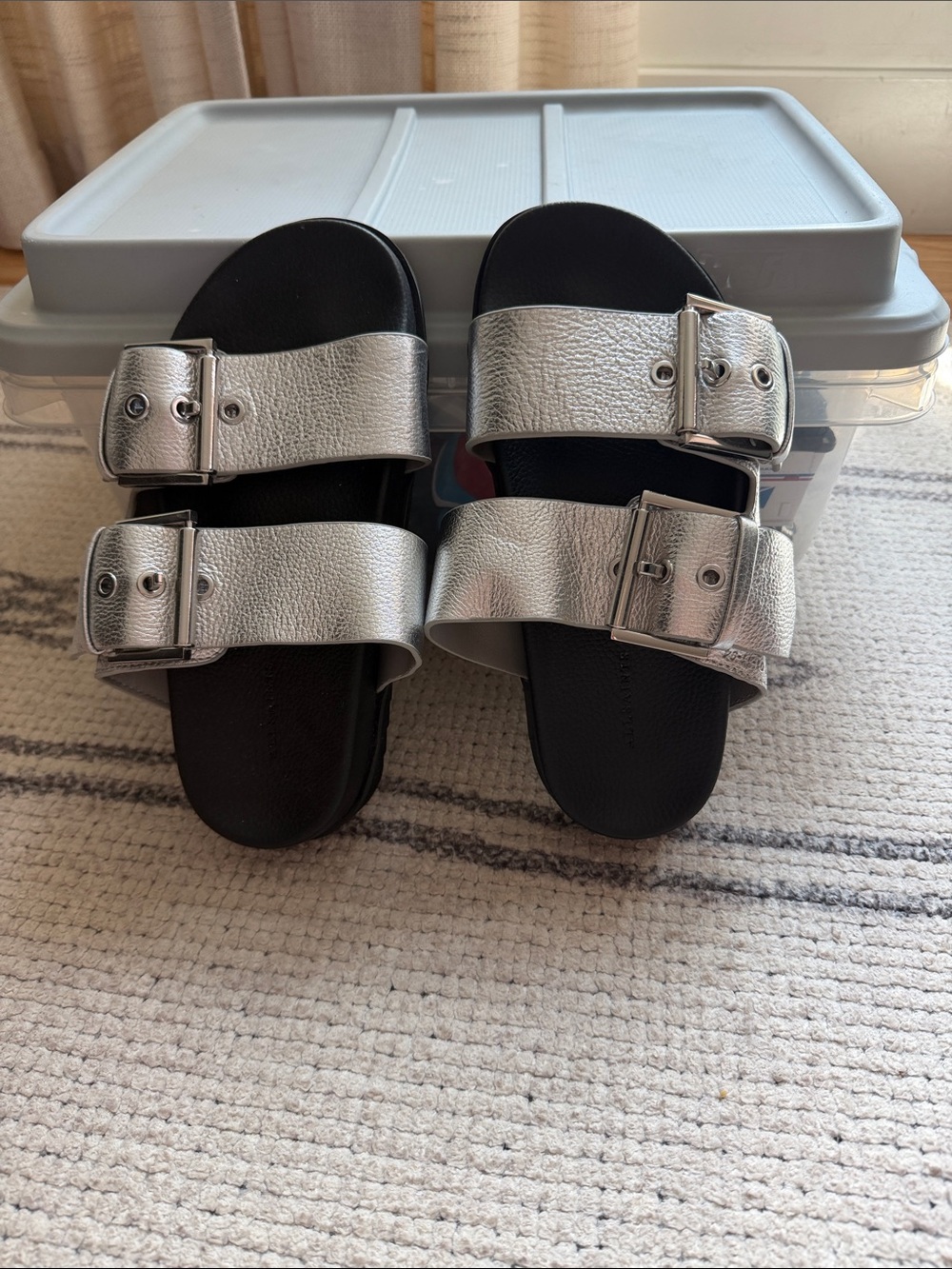 AllSaints Metallic Silver Double-Buckle Slide Sandals